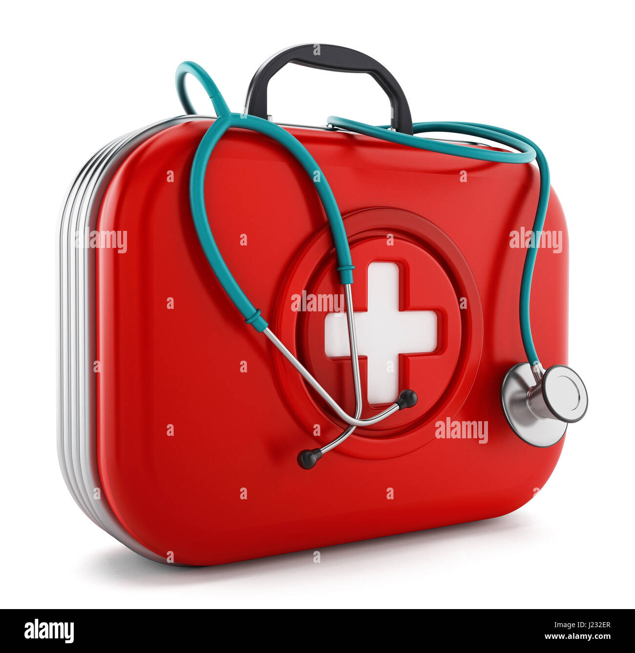 Uno stetoscopio in piedi sul kit di primo soccorso. 3D'illustrazione. Foto Stock