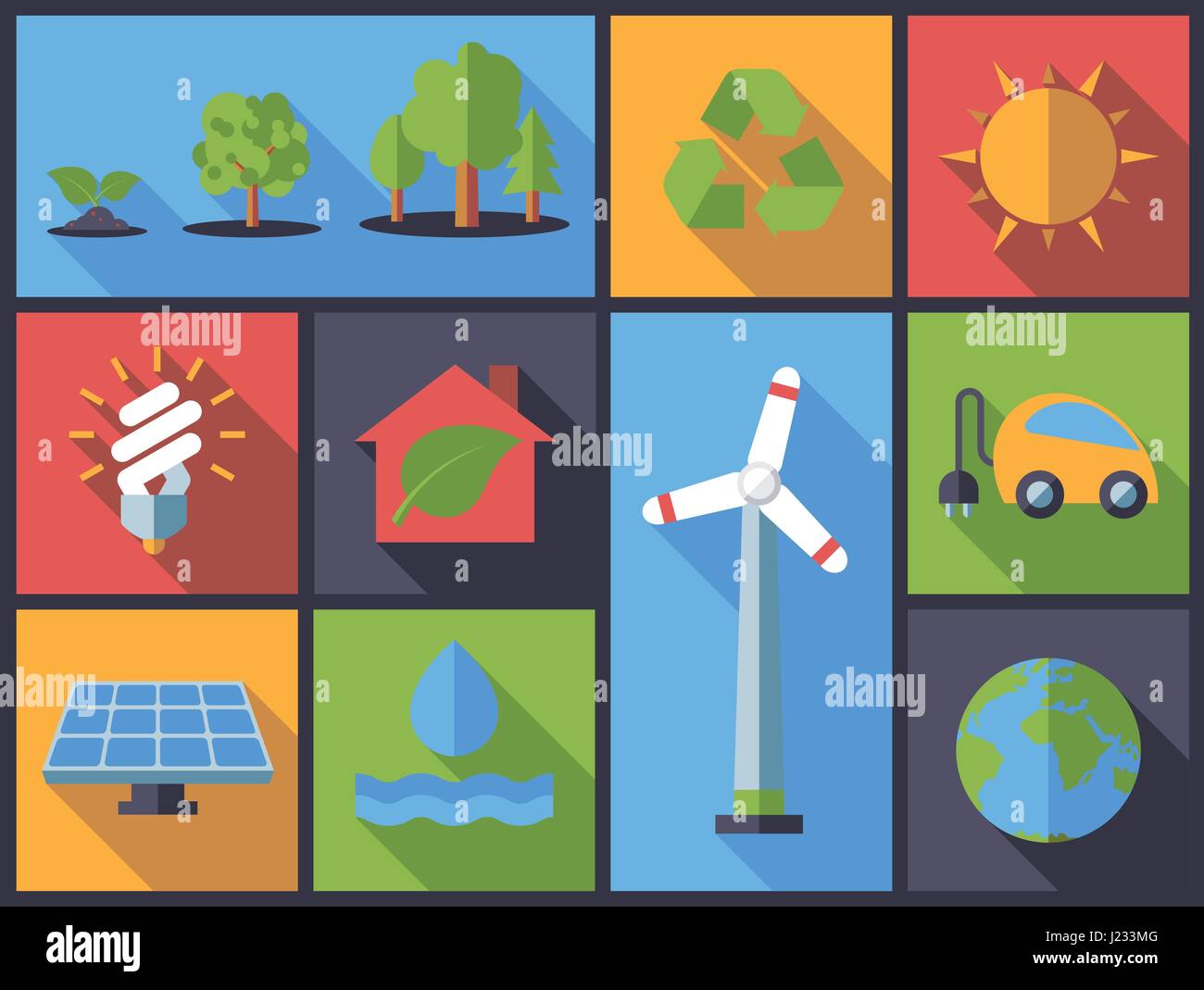 Orizzontale design piatto lungo ombra illustrazione con ambiente simboli di comportamento Illustrazione Vettoriale