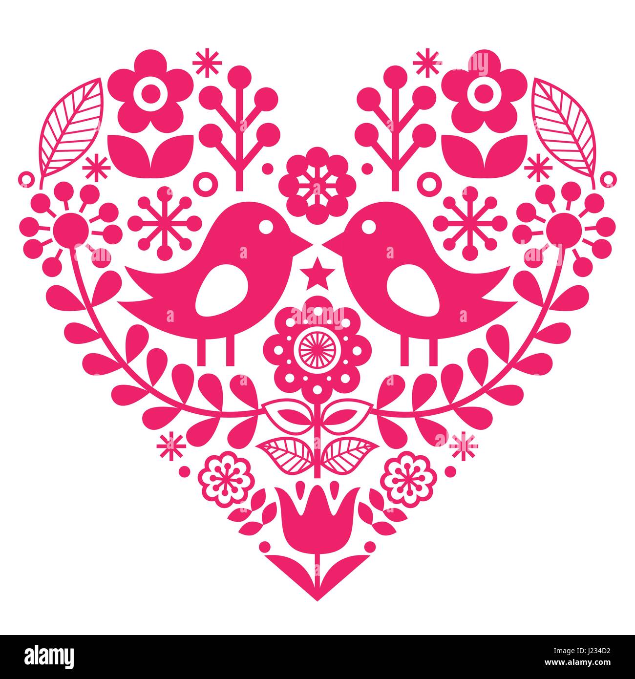 Folk scandinava con pattern di uccelli e fiori - rosa design finlandese, ispirato - il giorno di San Valentino o il biglietto di auguri di compleanno Illustrazione Vettoriale