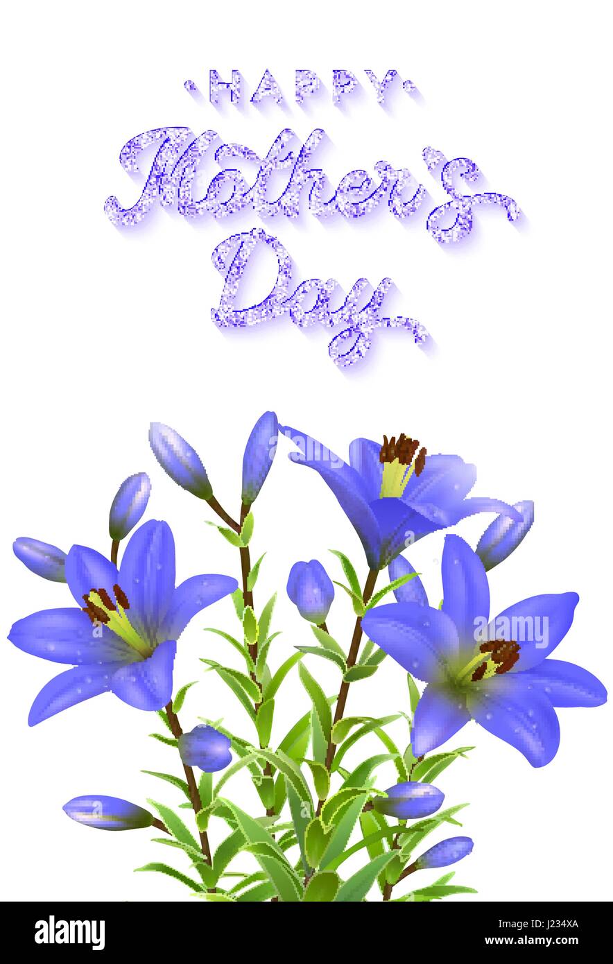 La Festa Della Mamma Biglietto Di Auguri Con Ninfee Blu E Glitter Texture Pennello Lettering Iscrizione Tre Fiori Blu Con Gocce D Acqua Isolati Su Sfondo Bianco Floral Illustrazione Vettoriale Immagine E Vettoriale