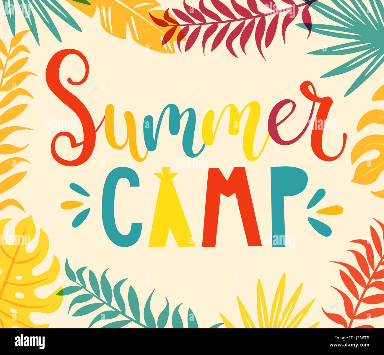 Summer Camp handdrawn lettering con colorate foglie tropicali sullo sfondo. Illustrazione Vettoriale. Illustrazione Vettoriale