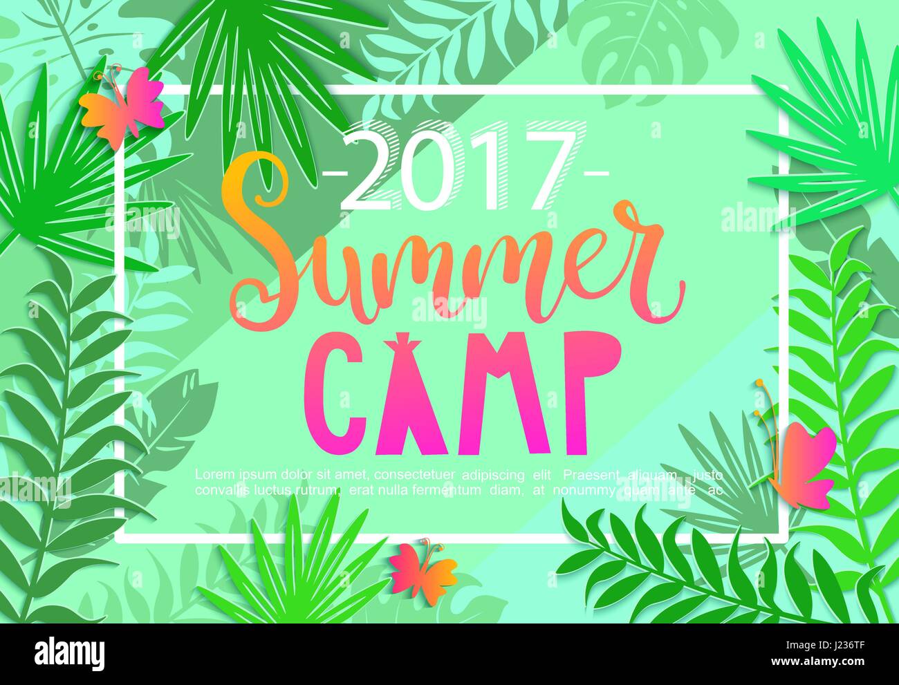 Summer Camp 2017 scritte su sfondo nella giungla tropicale con foglie e farfalle. Illustrazione Vettoriale. Illustrazione Vettoriale