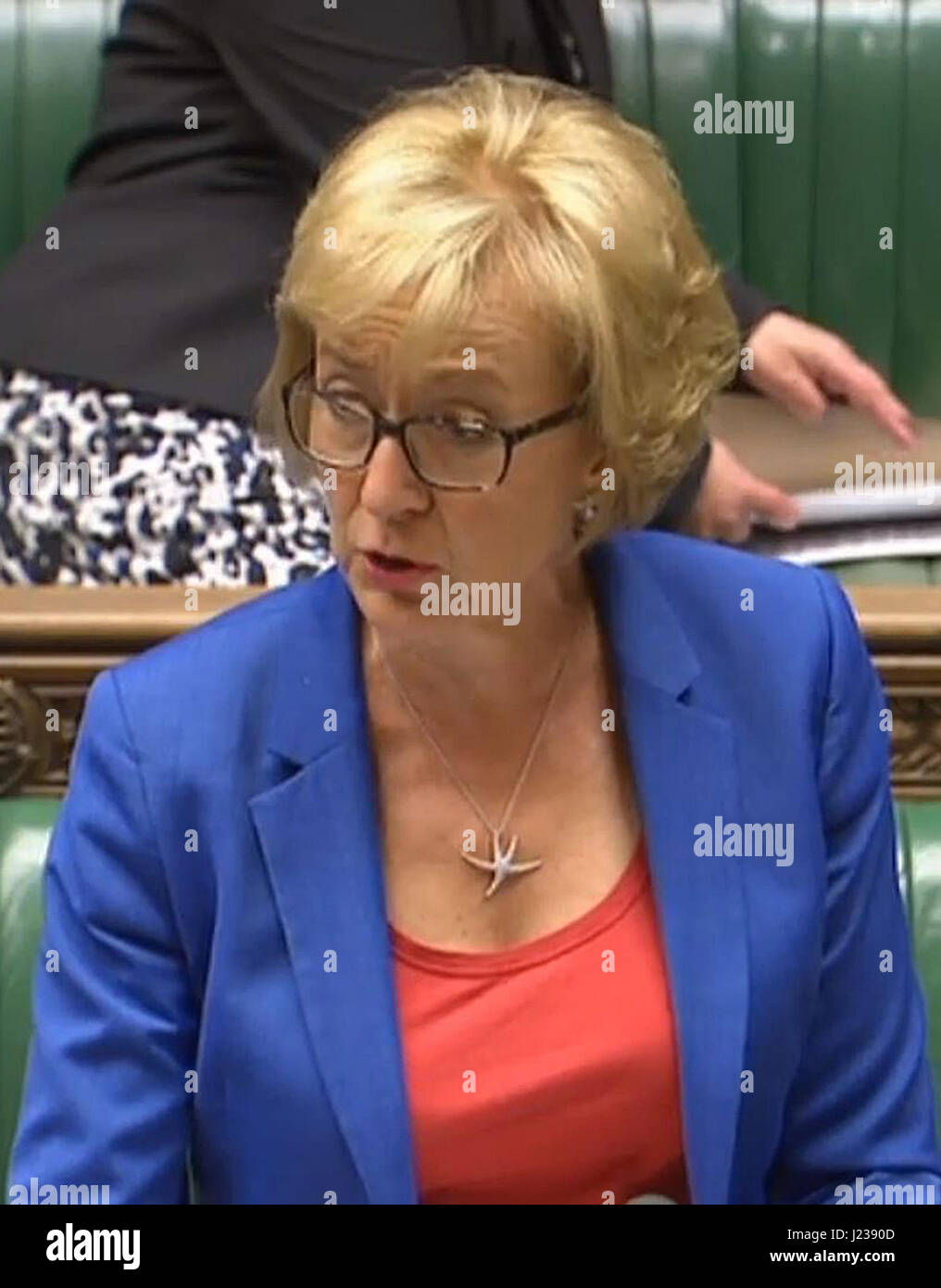 Il Segretario per l'ambiente Andrea Leadsom parla alla Camera dei Comuni di Londra, dove ha detto ai parlamentari che non era 'appropriato' pubblicare piani per affrontare l'inquinamento atmosferico durante il periodo pre-elettorale e si è impegnato a presentare le proposte il 30 giugno. Foto Stock