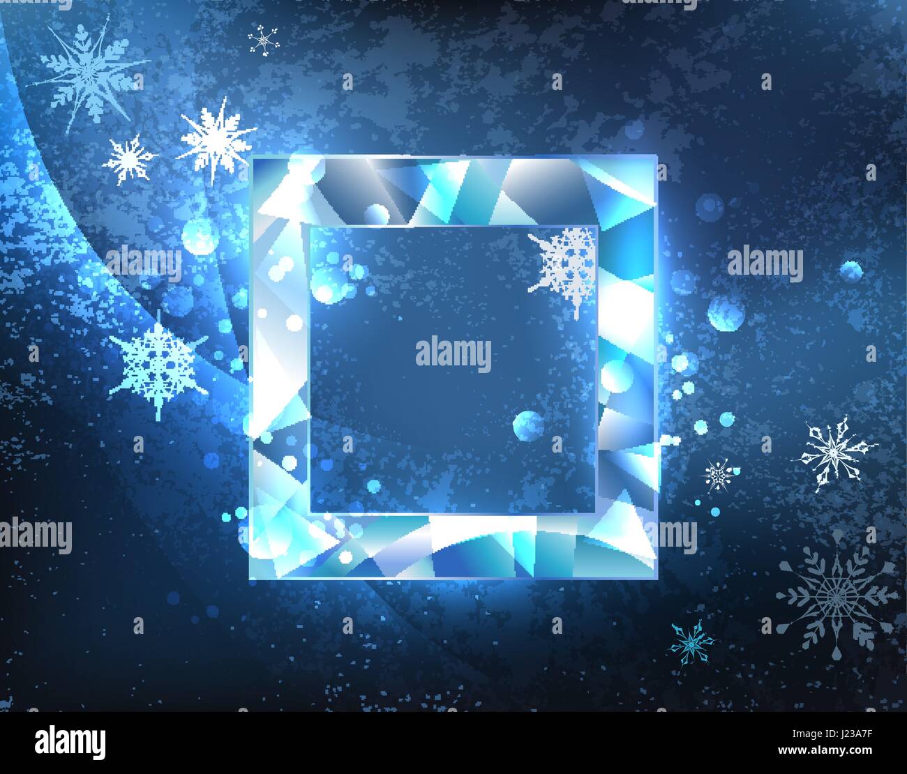 Banner quadrato di blu, scintillante blu ghiaccio freddo sfondo con i fiocchi di neve. Il design di ghiaccio. Illustrazione Vettoriale
