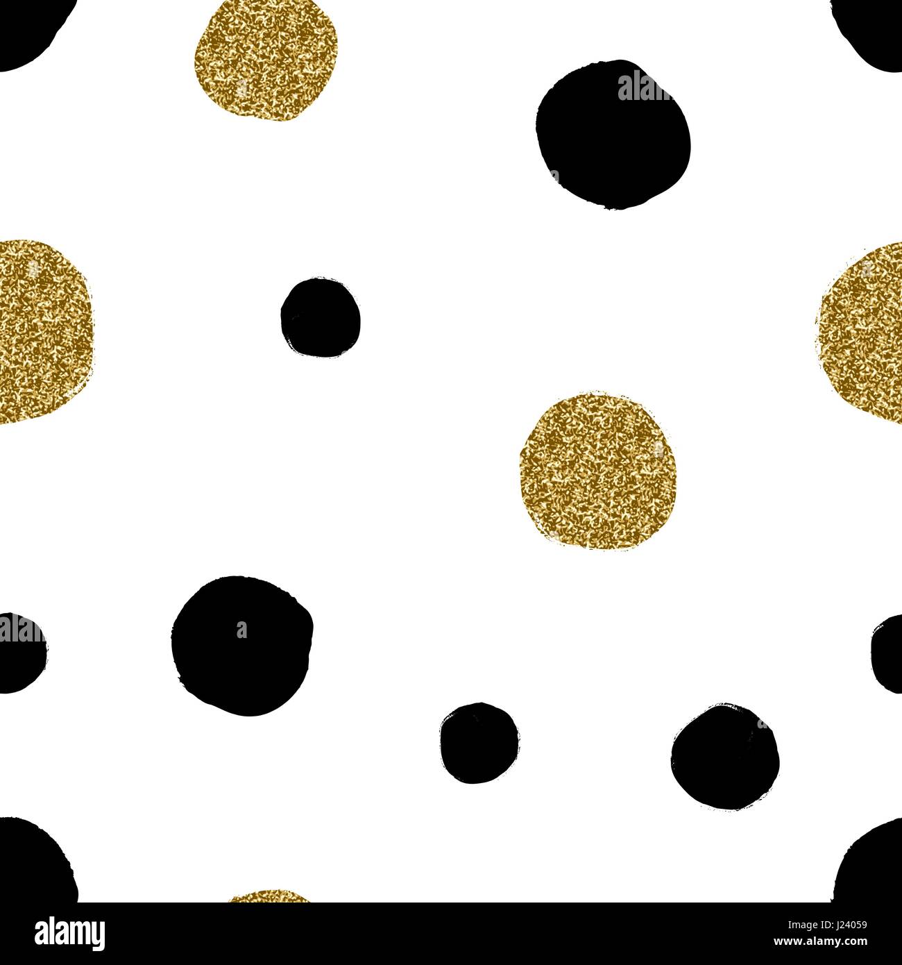 Disegnata a mano perfetta sequenza di ripetizione con forme rotonde in oro glitter e nero su sfondo bianco. Moderna e originale tessile, la carta di avvolgimento, a parete Illustrazione Vettoriale