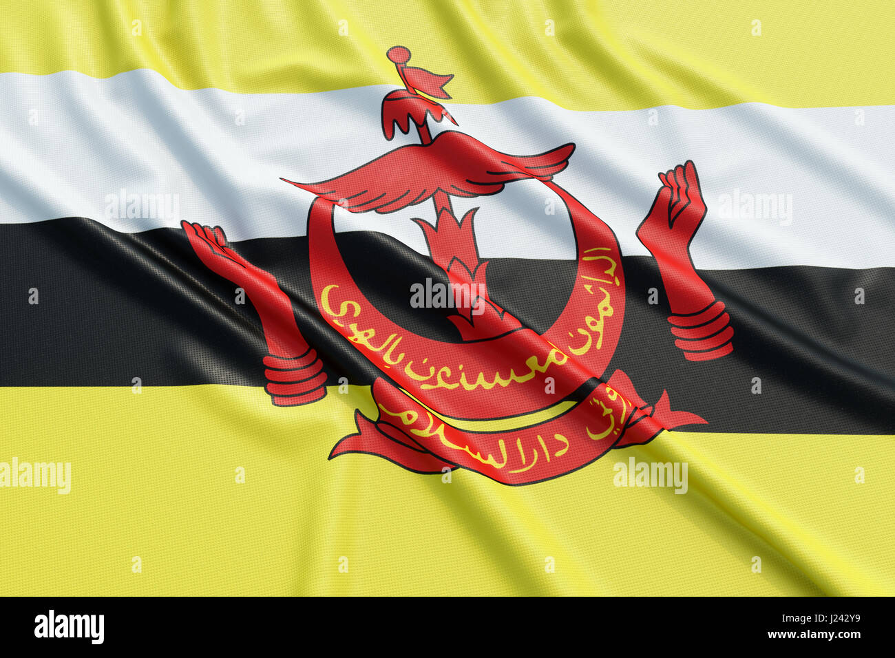 Bandiera del Brunei. Tessuto ondulato alta texture dettagliate. 3D rendering illustrazione Foto Stock