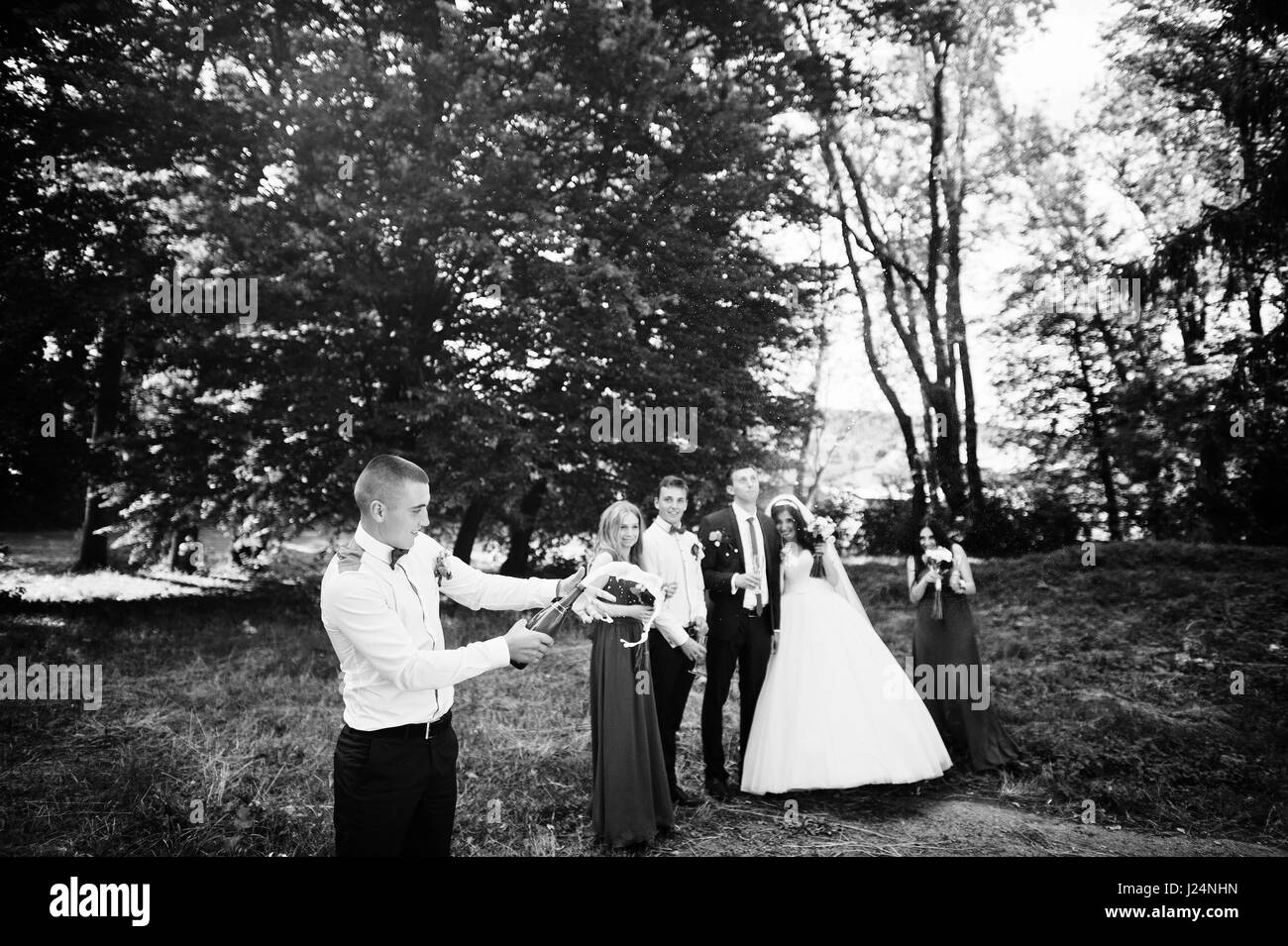 Coppie in viaggio di nozze con damigelle e migliori mans bevendo champagne all'aperto. Foto Stock