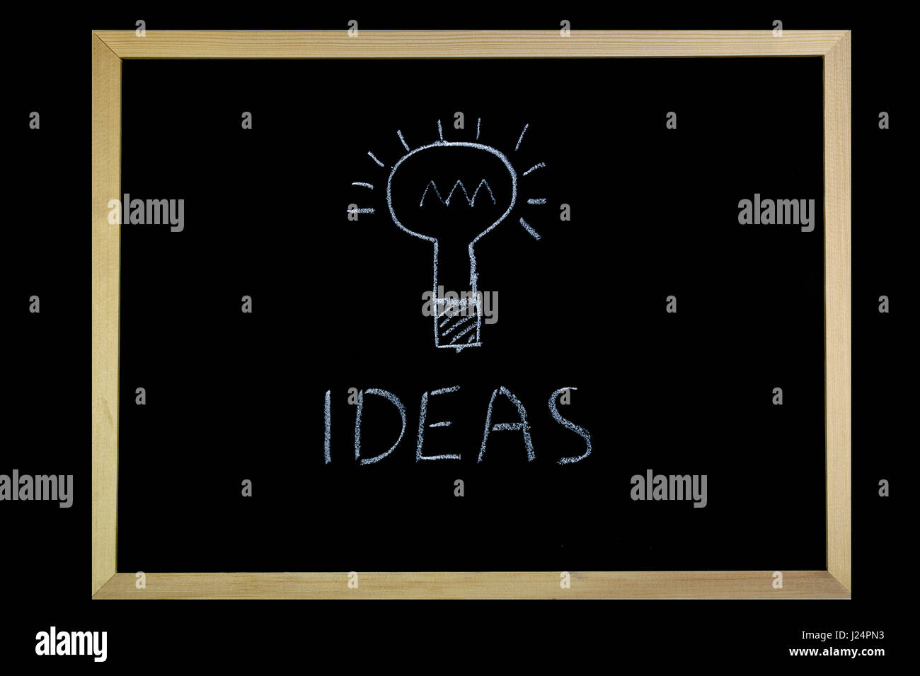 Parola di idee e lampadina scritti su una lavagna con gesso Foto Stock