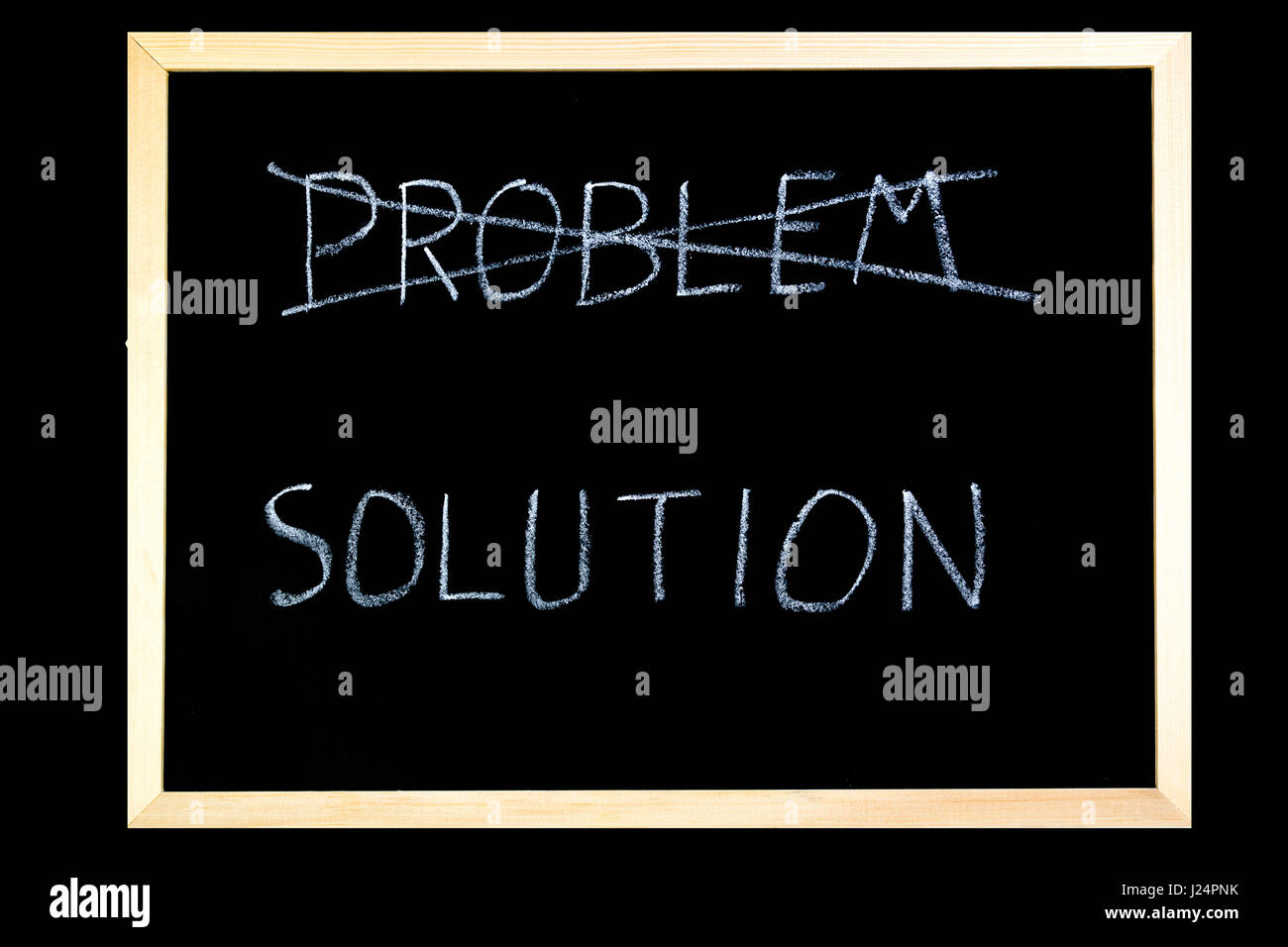 Parole problema e soluzione scritti su una lavagna con gesso Foto Stock