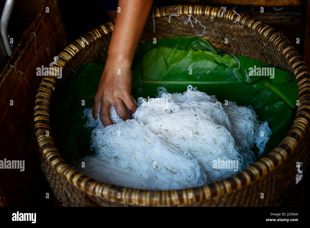 Tradizionale vietnamita spaghetti di riso avvolto con una foglia di banano. Foto Stock
