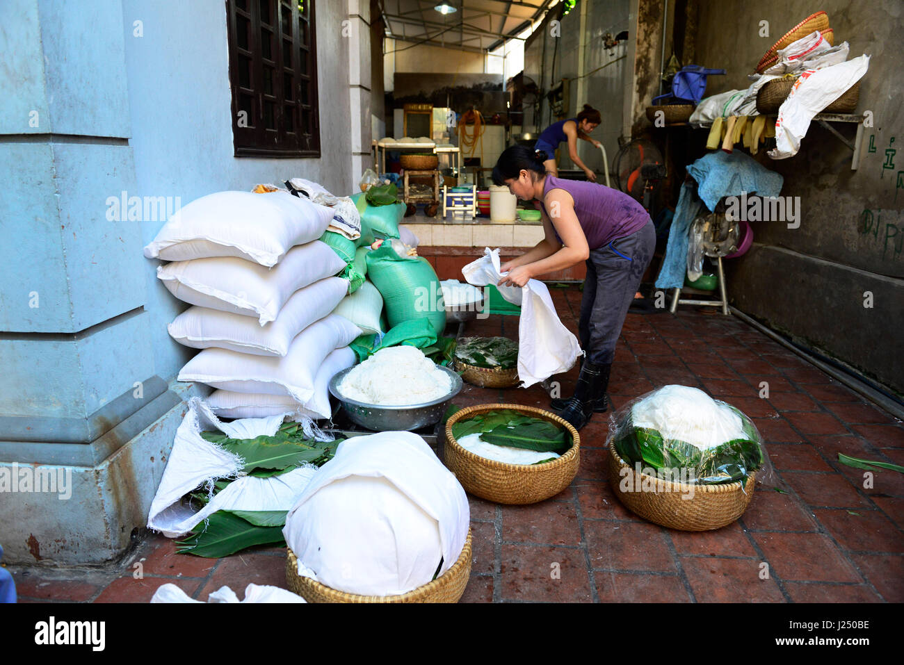 Preparazione della tradizionale vietnamita spaghetti di riso ( Bún ) in una piccola famiglia di proprietà di fabbrica in un piccolo villaggio nei pressi di Hanoi. Foto Stock