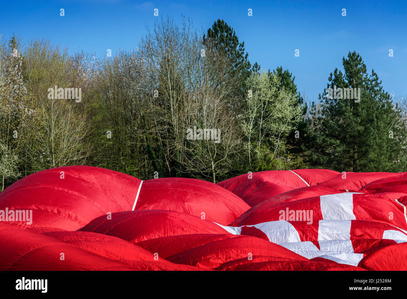 PALLONE AEROSTATICO che si sgonfia sullo sfondo di alberi e cielo Foto Stock