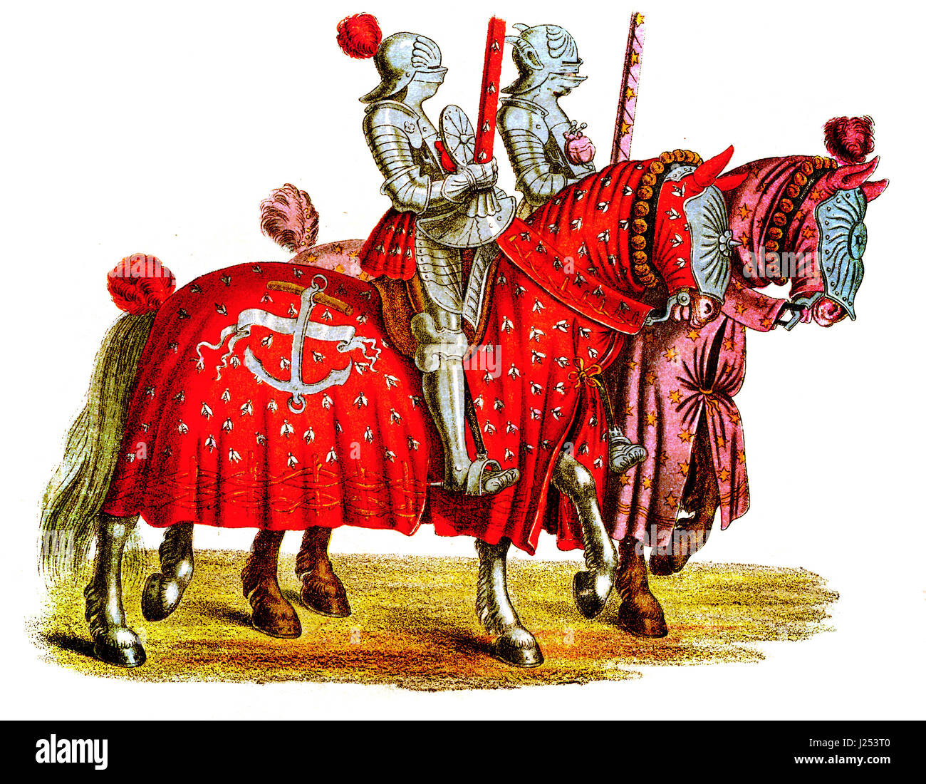 Due cavalieri al torneo, copia dal torneo 'prenota' da Hans Burgkmair, XVI secolo Foto Stock