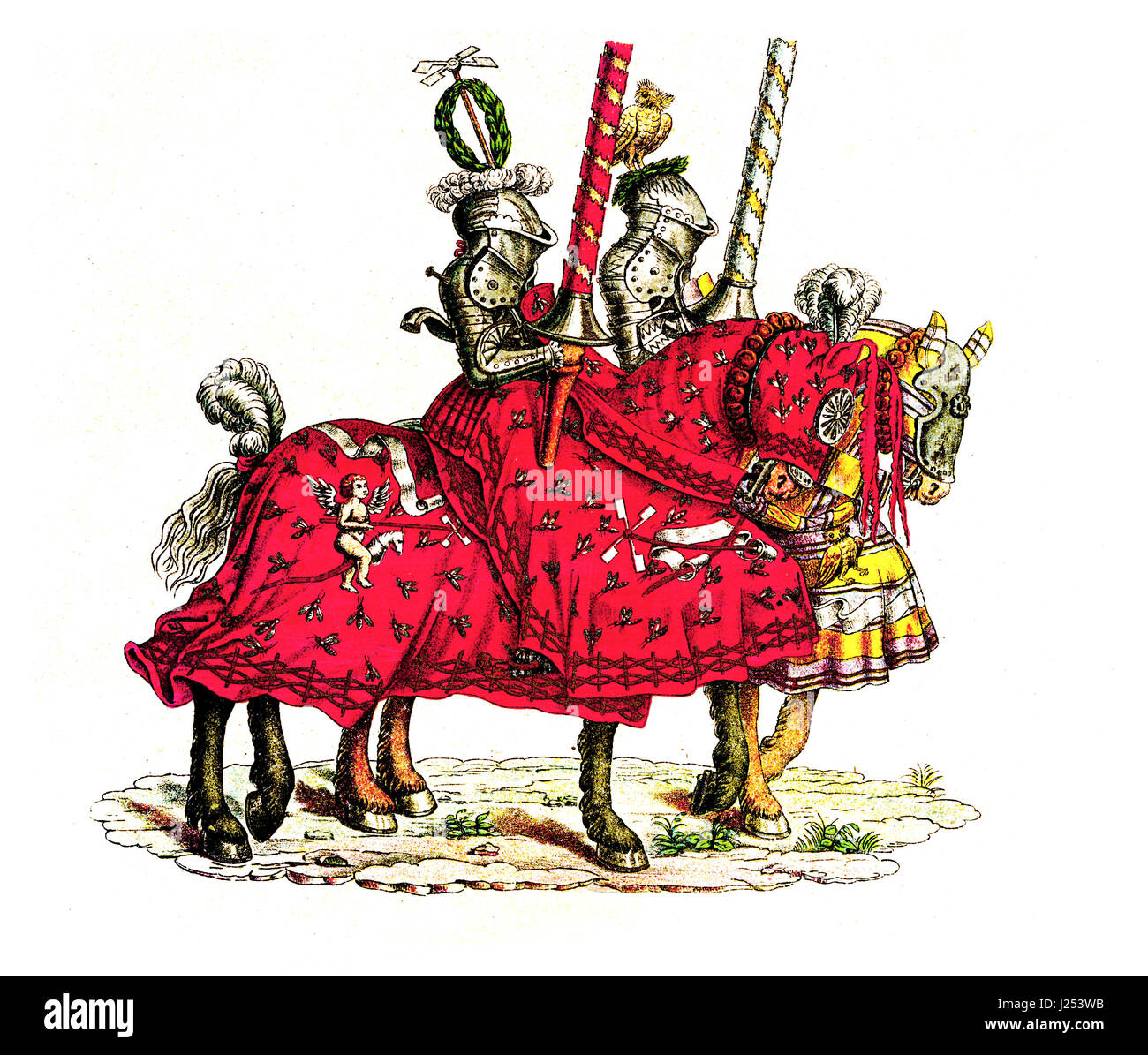 Due cavalieri al torneo, copia dal torneo 'prenota' da Hans Burgkmair, XVI secolo Foto Stock