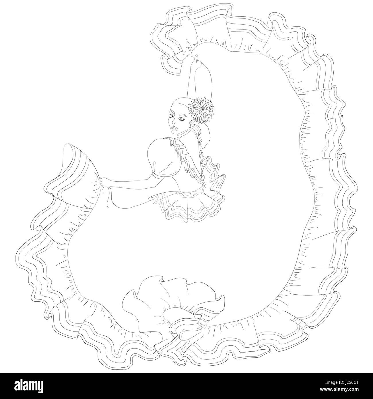 Una ragazza in un tradizionale festa abito Messicana è la danza. Cinco de Mayo. Illustrazione vettoriale di una mano disegnato contorno nero su uno sfondo bianco. Illustrazione Vettoriale