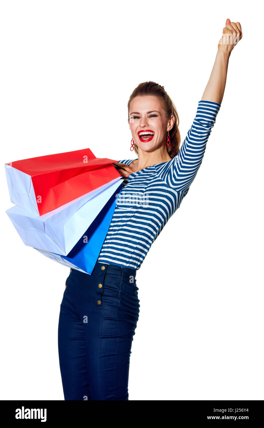 Shopping. Il modo francese. moda giovane-monger con borse della spesa dei colori della bandiera francese isolati su sfondo bianco gioia Foto Stock