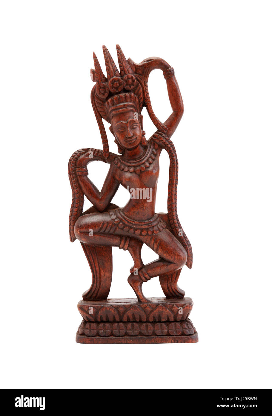 Statuetta di legno di Khmer sky dancer donna di nome Apsara. Isolato con tracciato di ritaglio Foto Stock