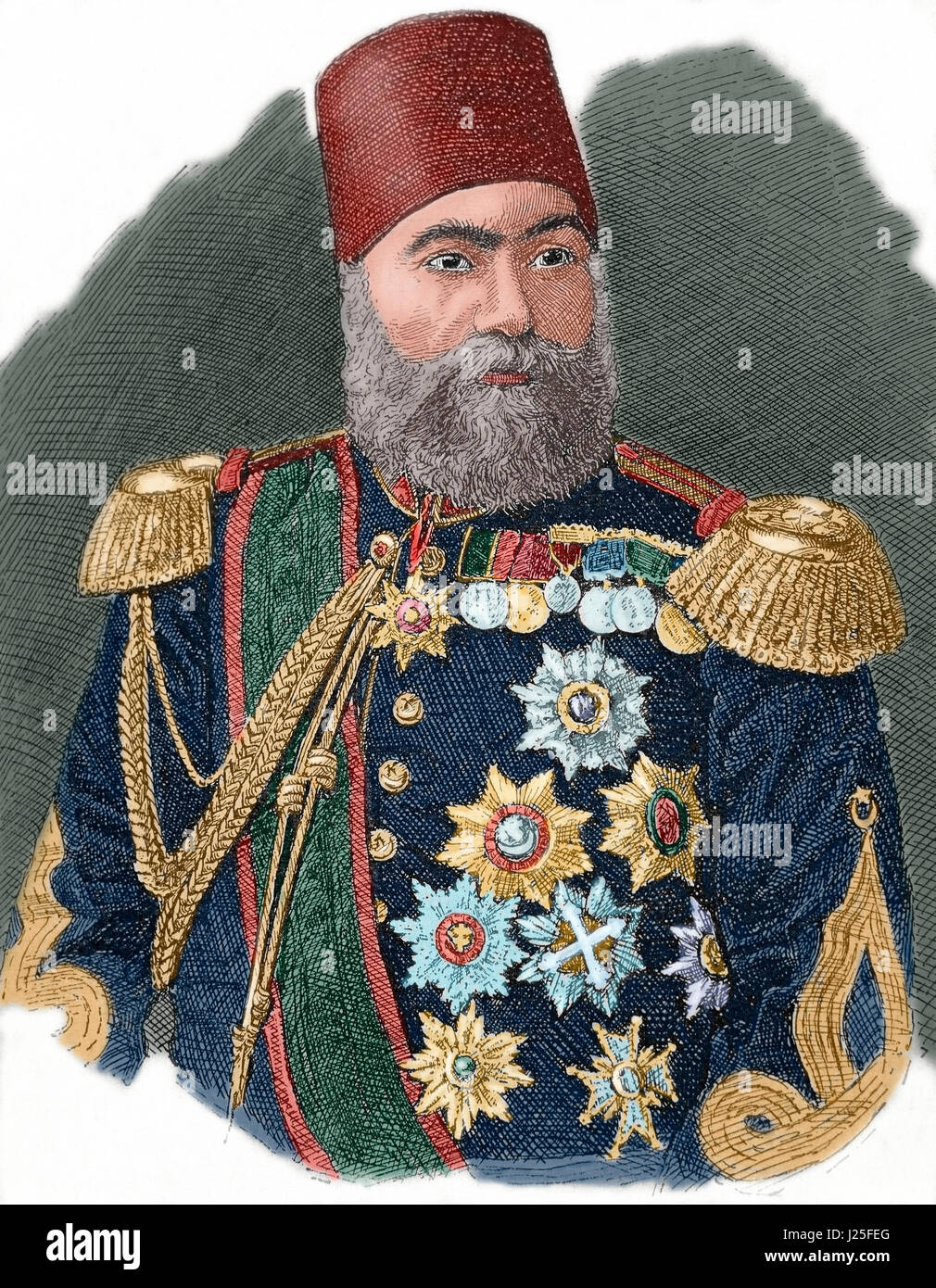 Osman Nuri Pasha, anche Gazi Osman pascià (1832-1900). Turco ottomana maresciallo di campo e l'eroe dell'Assedio di Plevna in 1877. Ritratto. Incisione. Colorati. Foto Stock