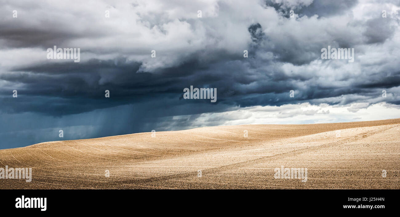 Vista panoramica del paesaggio estivo con drammatica thunderclouds in background Foto Stock