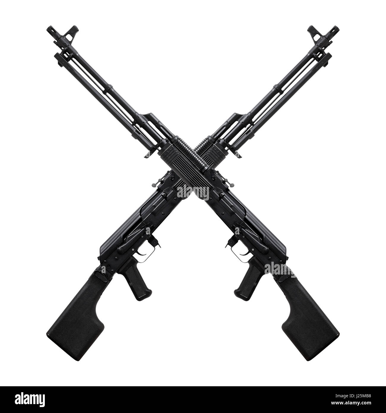 Arma - Una chiusura nero attraversato due fucile da assalto su uno sfondo bianco. Foto Stock
