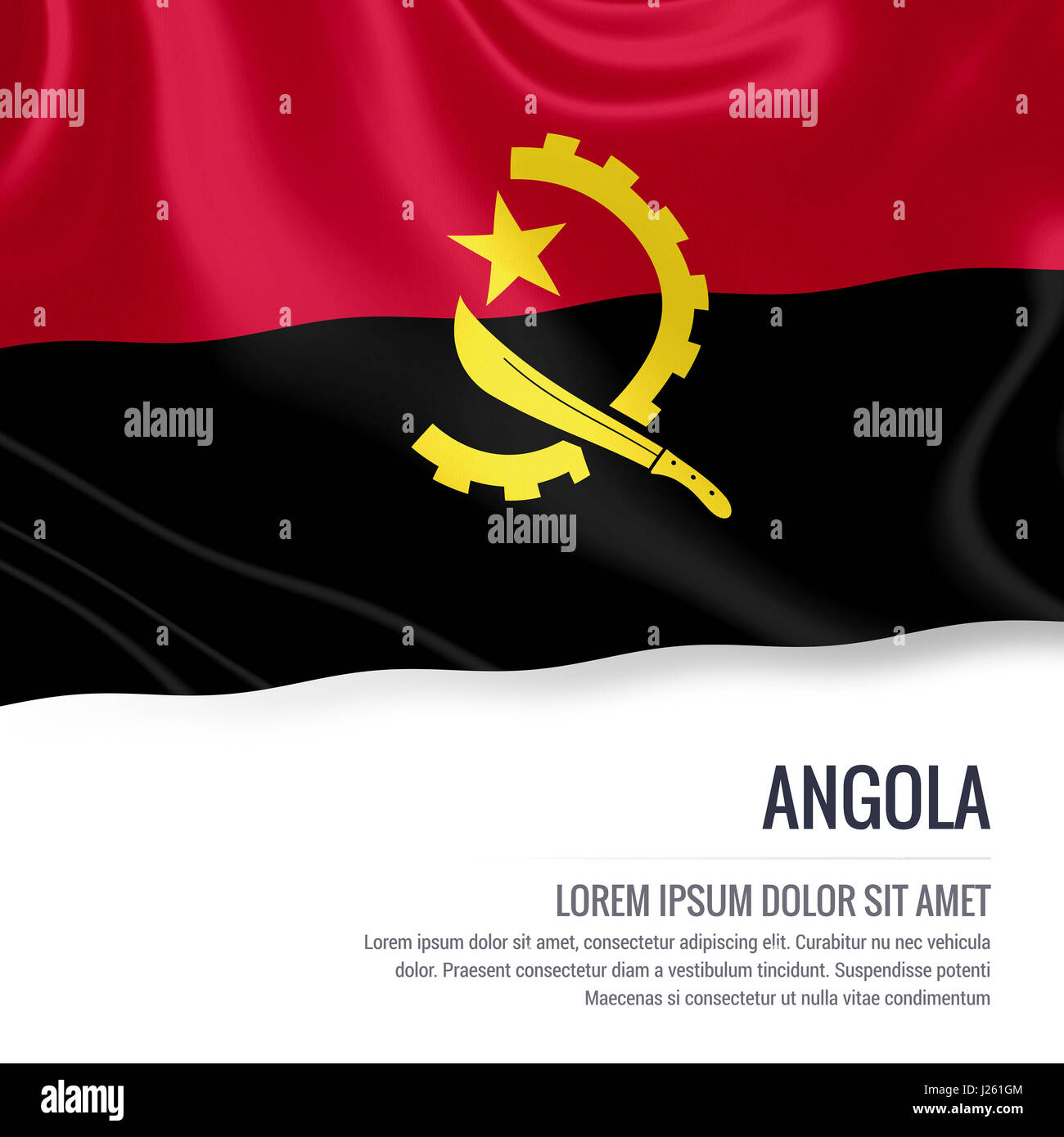 Angola bandiera. Silky bandiera di Angola sventolando isolato su un fondo bianco con il testo bianco spazio per il tuo annuncio messaggio. Il rendering 3D. Foto Stock
