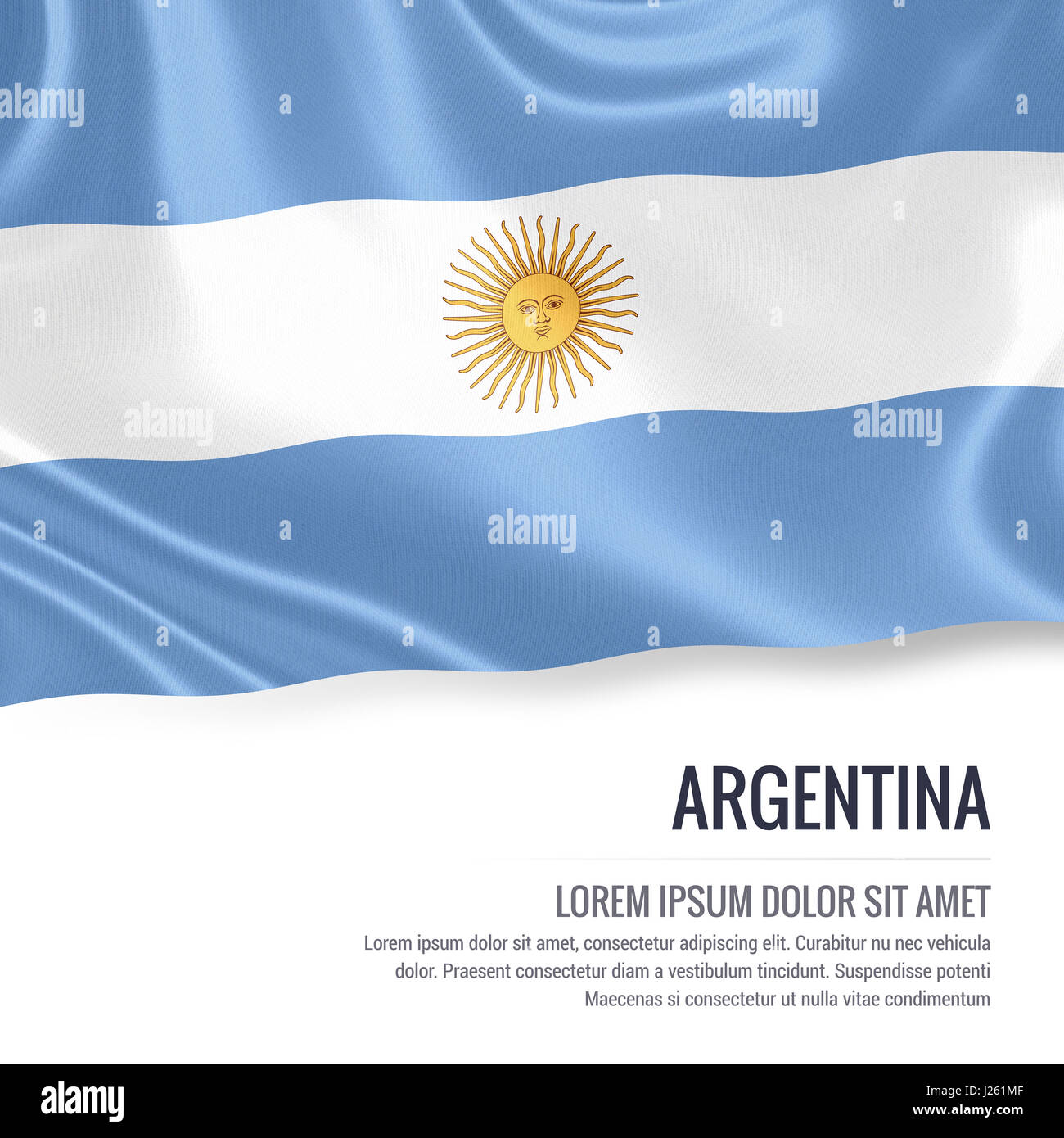 Bandiera dell'Argentina. Silky bandiera dell'Argentina sventolando isolato su un fondo bianco con il testo bianco spazio per il tuo annuncio messaggio. Il rendering 3D. Foto Stock