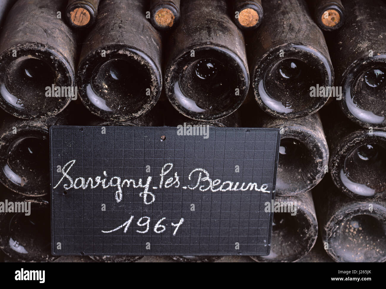 Savigny-lès-Beaune targa che denota bottiglie di 1961 Savigny-lès-Beaune nelle cantine di Louis Jadot, Beaune, Côte d'Or, Francia. Foto Stock