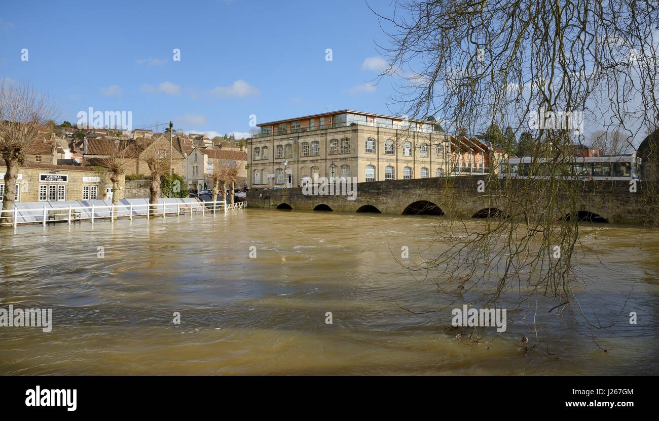 Il fiume Avon nell ondata attraverso Bradford-on-Avon, Wiltshire, Regno Unito, febbraio 2014. Foto Stock