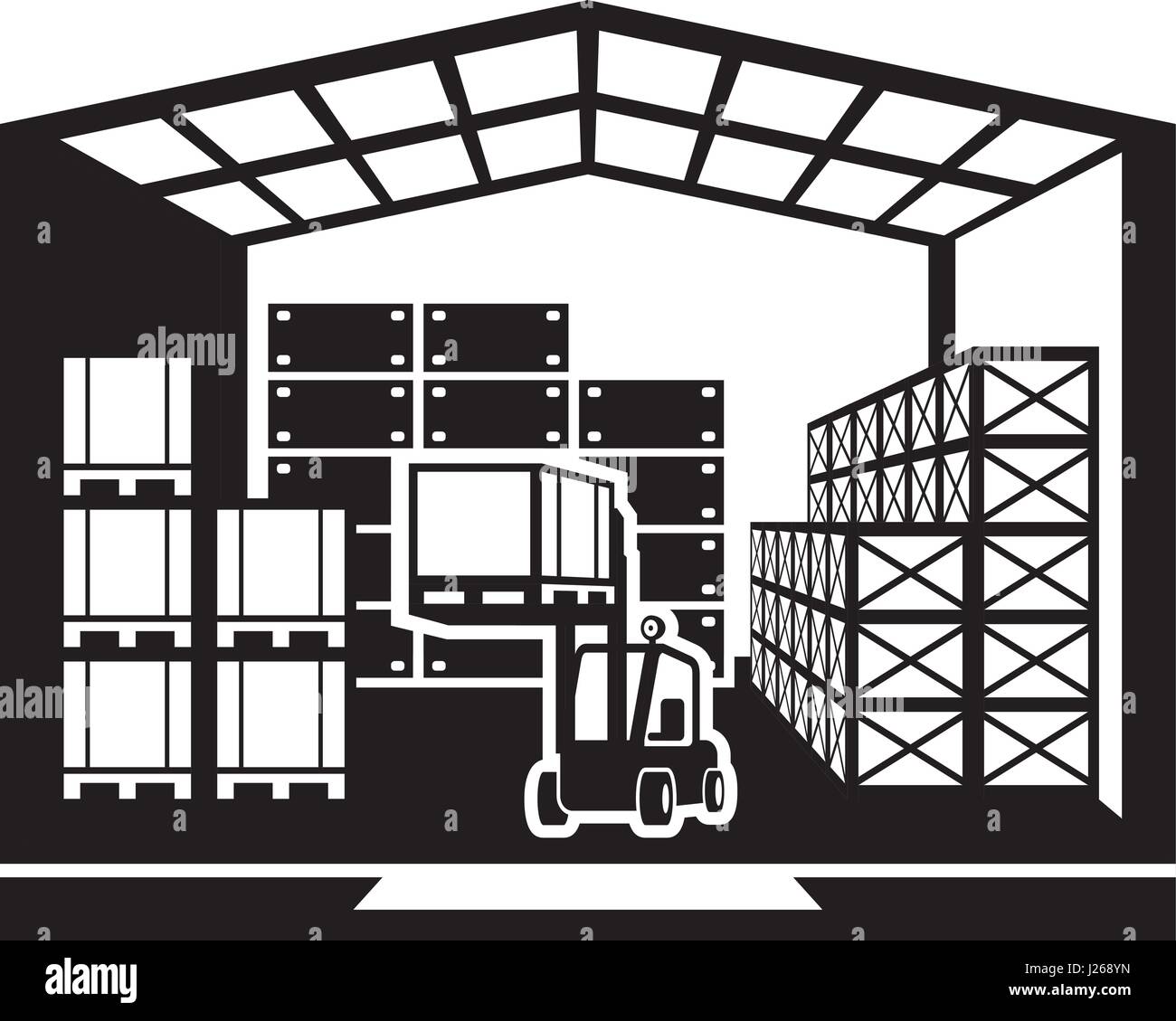 Carrello elevatore trasporta i pallet in warehouse - illustrazione vettoriale Illustrazione Vettoriale