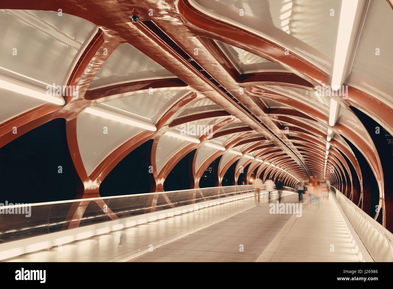 CALGARY, Canada - 27 agosto: Ponte di Pace di notte il 27 agosto 2015 a Calgary, Canada. Progettato da Santiago Calatrava, il ponte pedonale connes Foto Stock