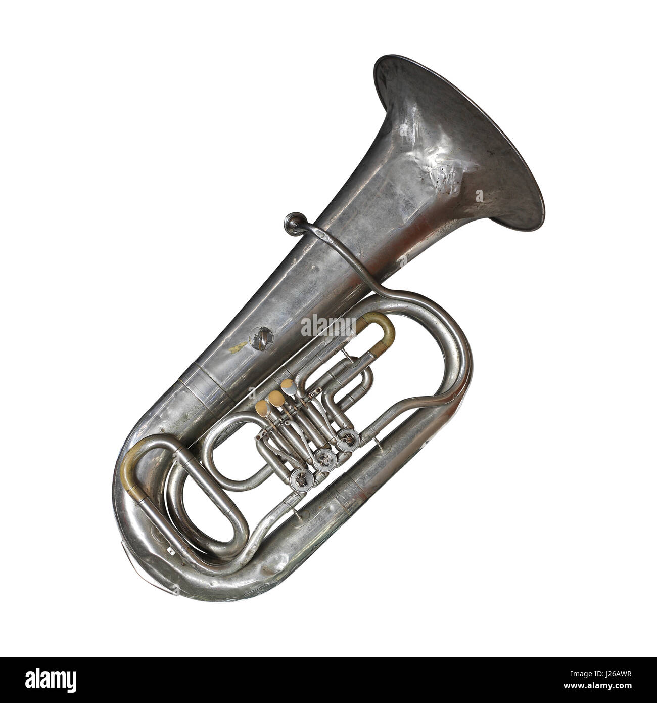Musicale strumento in ottone - Vintage tuba su uno sfondo bianco. Essa è isolata, il lavoratore di percorsi è presente. Foto Stock