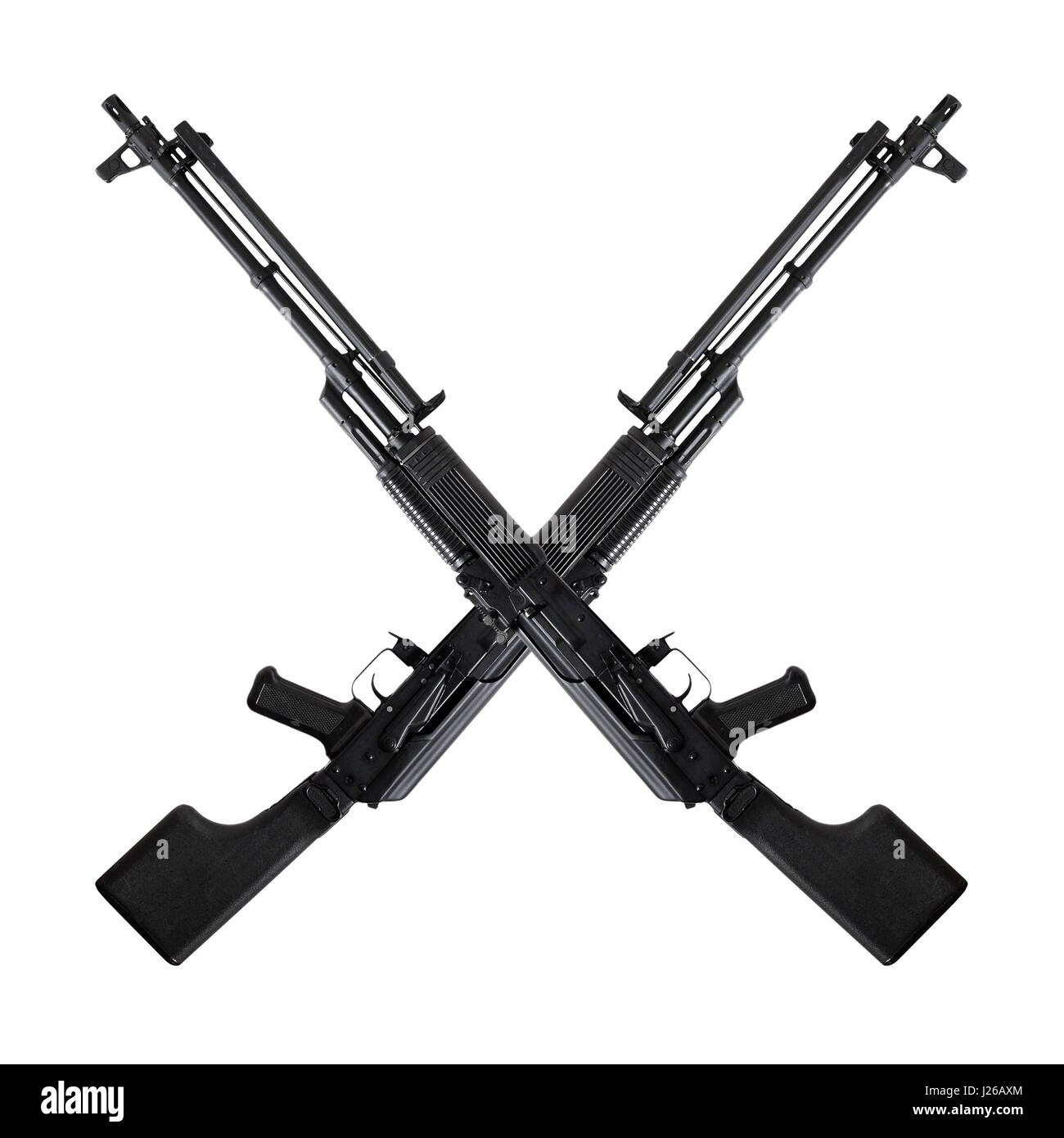 Arma - Una chiusura nero attraversato due fucile da assalto su uno sfondo bianco. Foto Stock