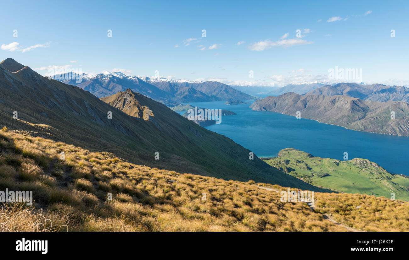 Vista sulle montagne e sul lago, sinistra Roys picco, il lago Wanaka, Alpi del Sud, regione di Otago e Southland, Nuova Zelanda Foto Stock