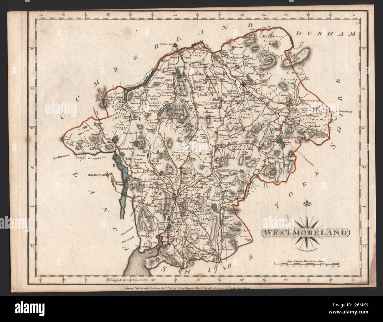 Antica mappa della contea di Westmoreland da JOHN CARY. Lake District