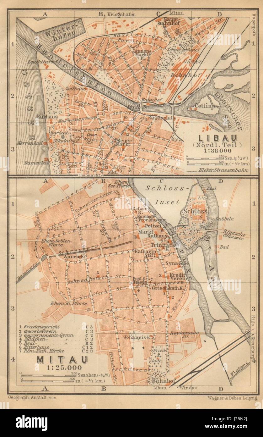 Liepaja (parte settentrionale) / Jelgava town/city plan pilsetas karte. La lettonia 1912 mappa Foto Stock