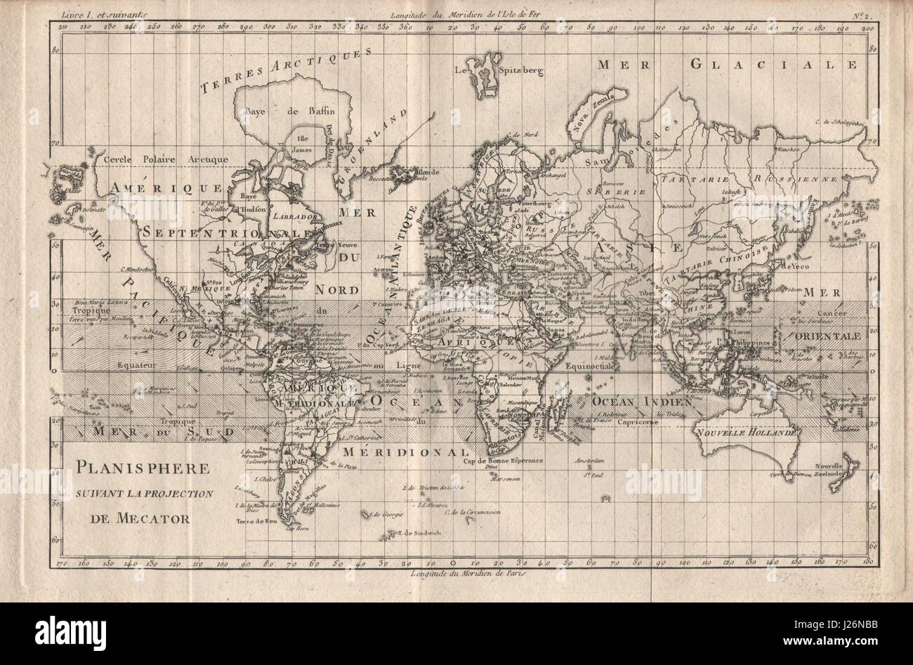 "Planisfero suivant la proiezione di Mercatore de'. Mondo. BONNE 1780 mappa vecchia Foto Stock