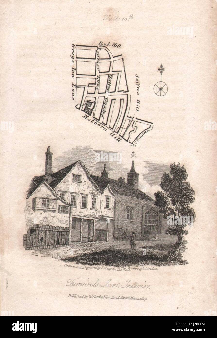 Hatton Garden Holborn Gray's Inn Road Leather Lane Furnival's Inn CE1N 1817 mappa Foto Stock