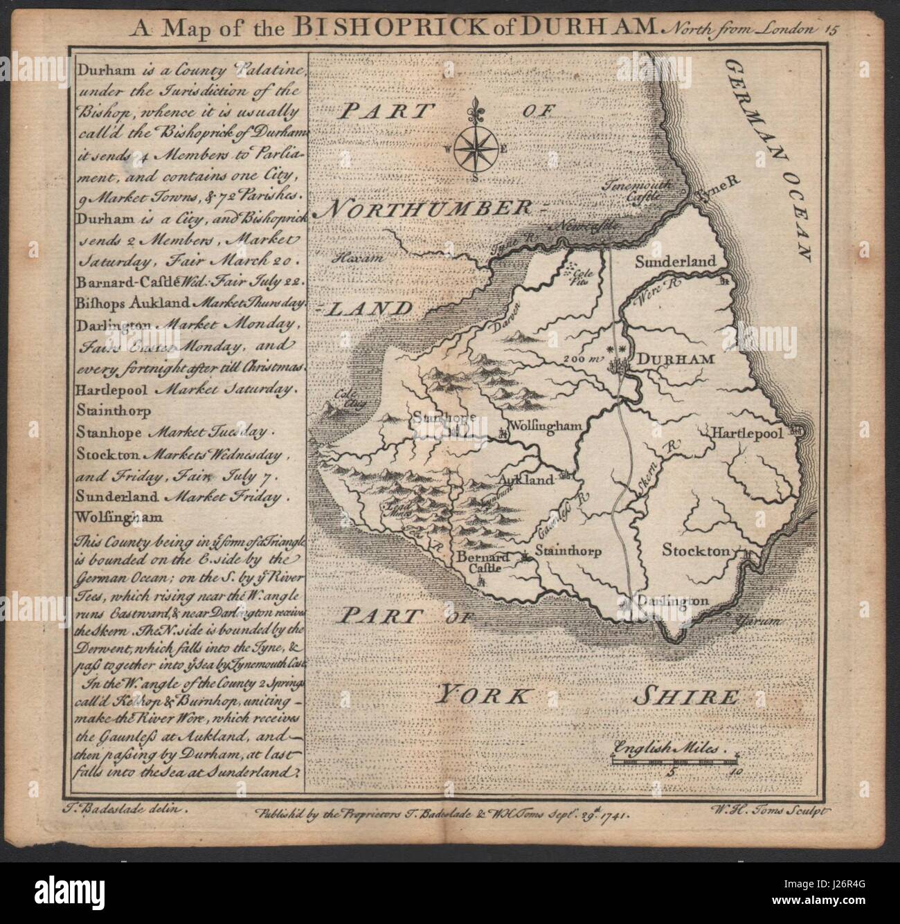 La contea di antica mappa del Bishoprick di Durham da Badeslade & Toms 1742 Foto Stock