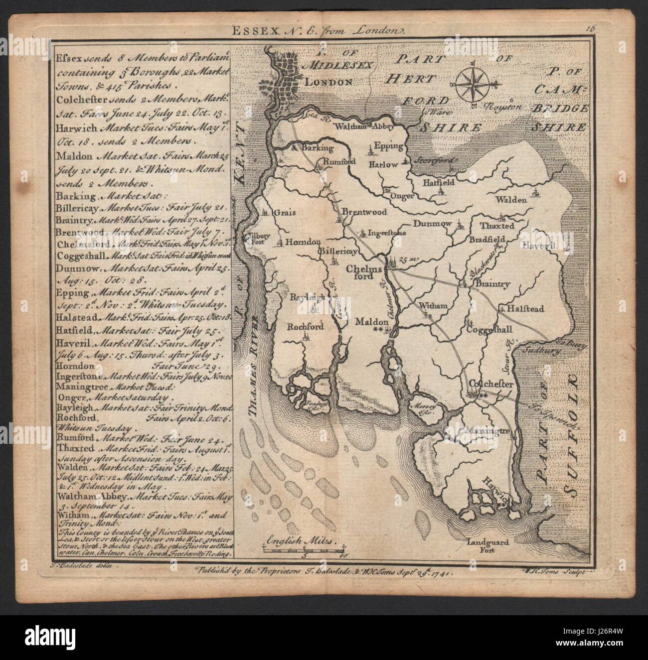 Antica mappa della contea di Essex da Badeslade & Toms. Orientamento est 1742 vecchio Foto Stock