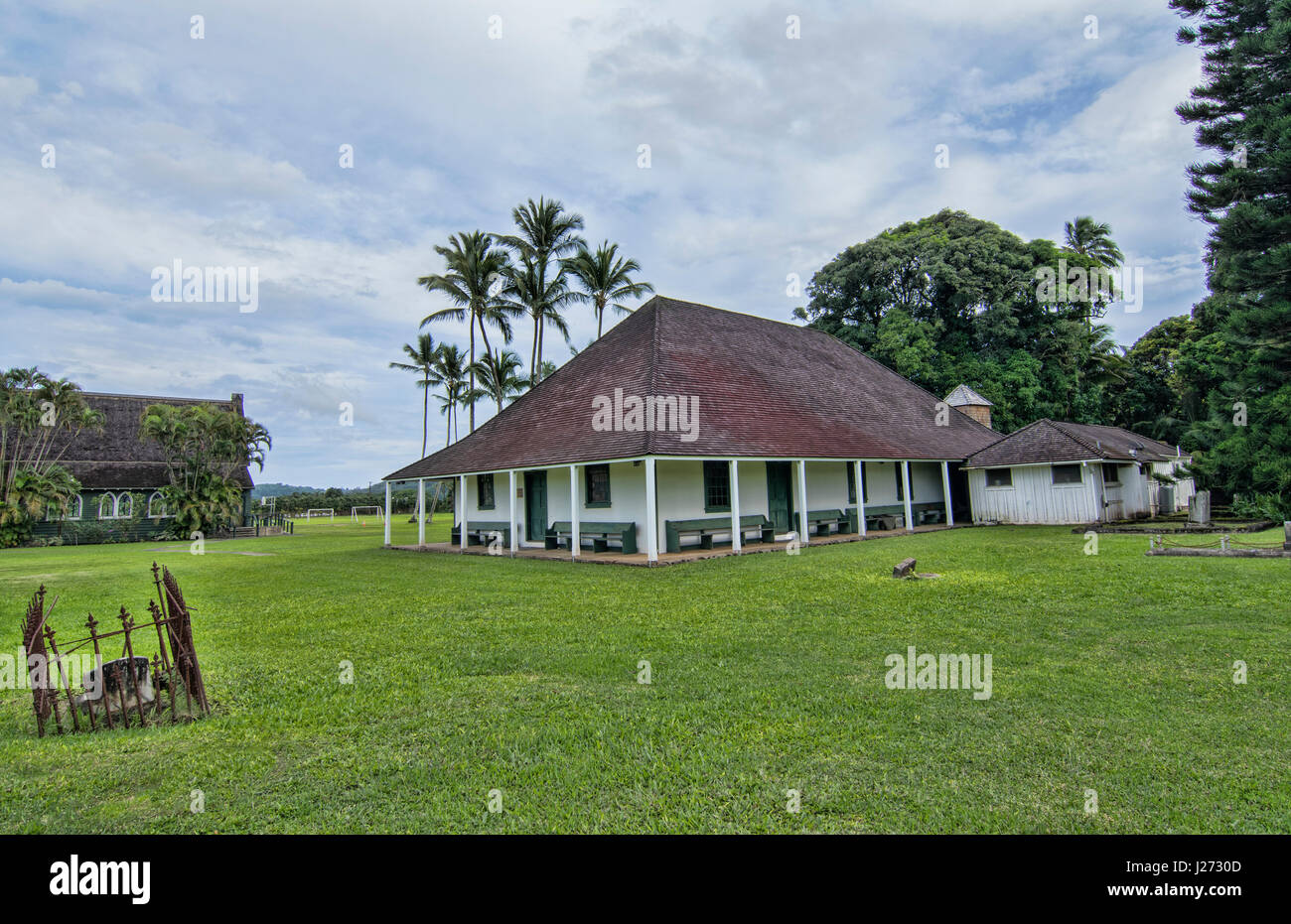 Hanalei Kauai Hawaii Waioli Casa di Missione 1841 più antica chiesa eretta in Kauai attrazione turistica di punto di riferimento Foto Stock