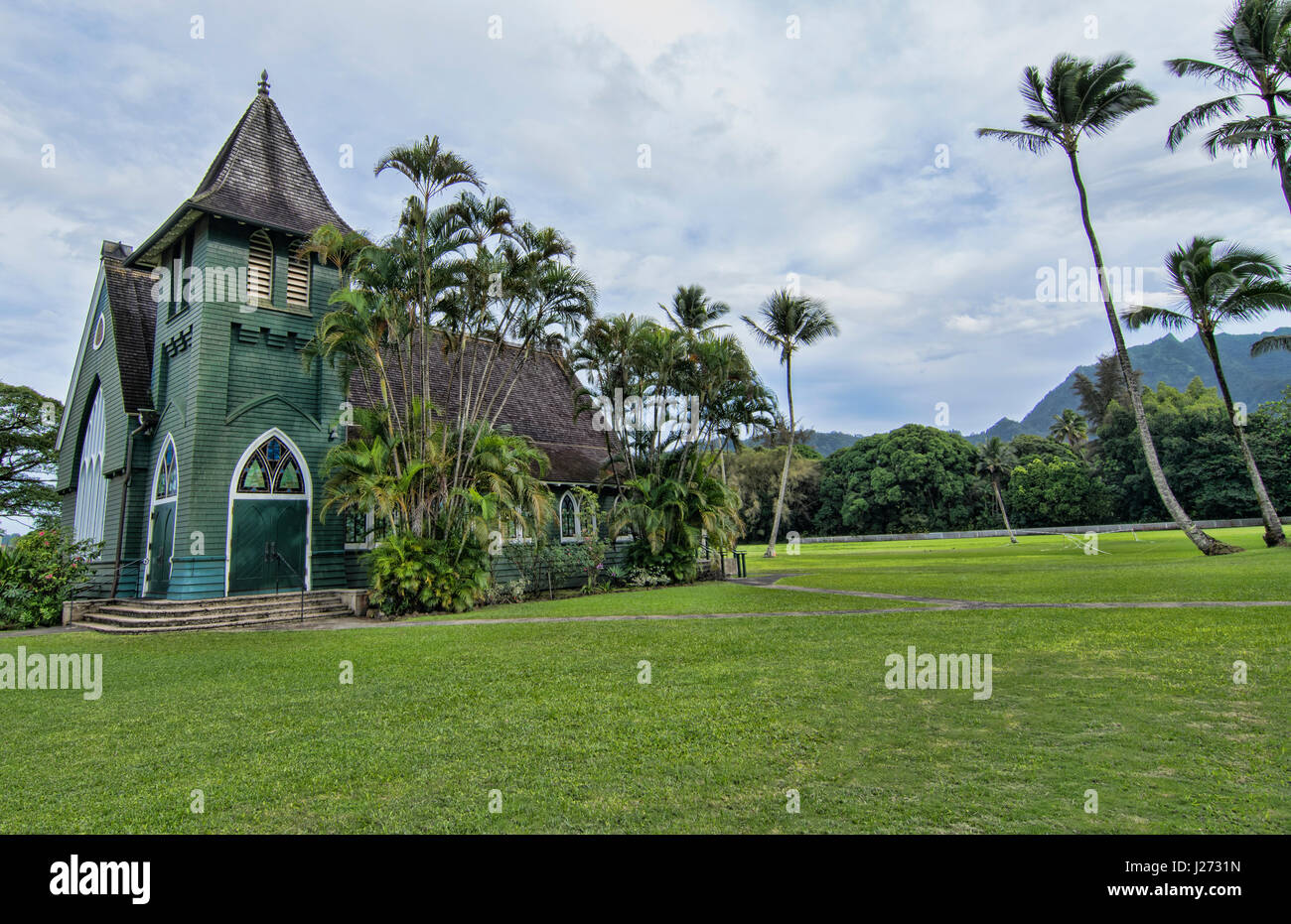 Hanalei Kauai Hawaii la vecchia chiesa verde chiamato Waiola Huiia Chiesa 1912 attrazione turistica di punto di riferimento Foto Stock