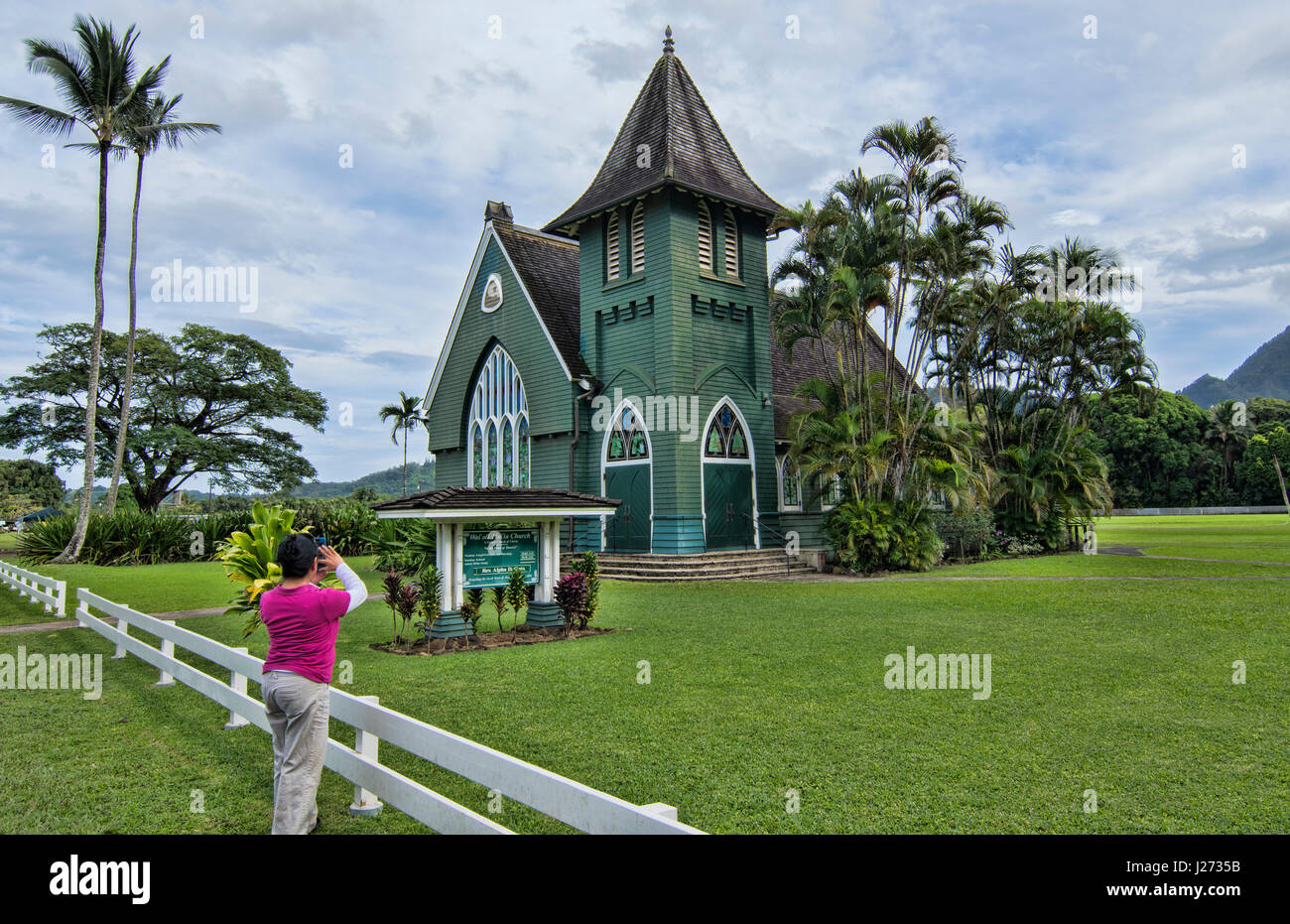 Hanalei Kauai Hawaii la vecchia chiesa verde chiamato Waiola Huiia Chiesa 1912 attrazione turistica di punto di riferimento Foto Stock