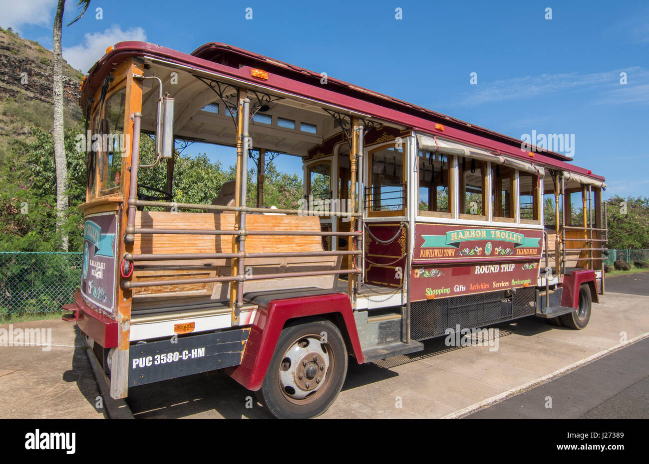 Kapaa Kauai Hawaii downtown villaggio Porto trolley bus navetta per i turisti Foto Stock
