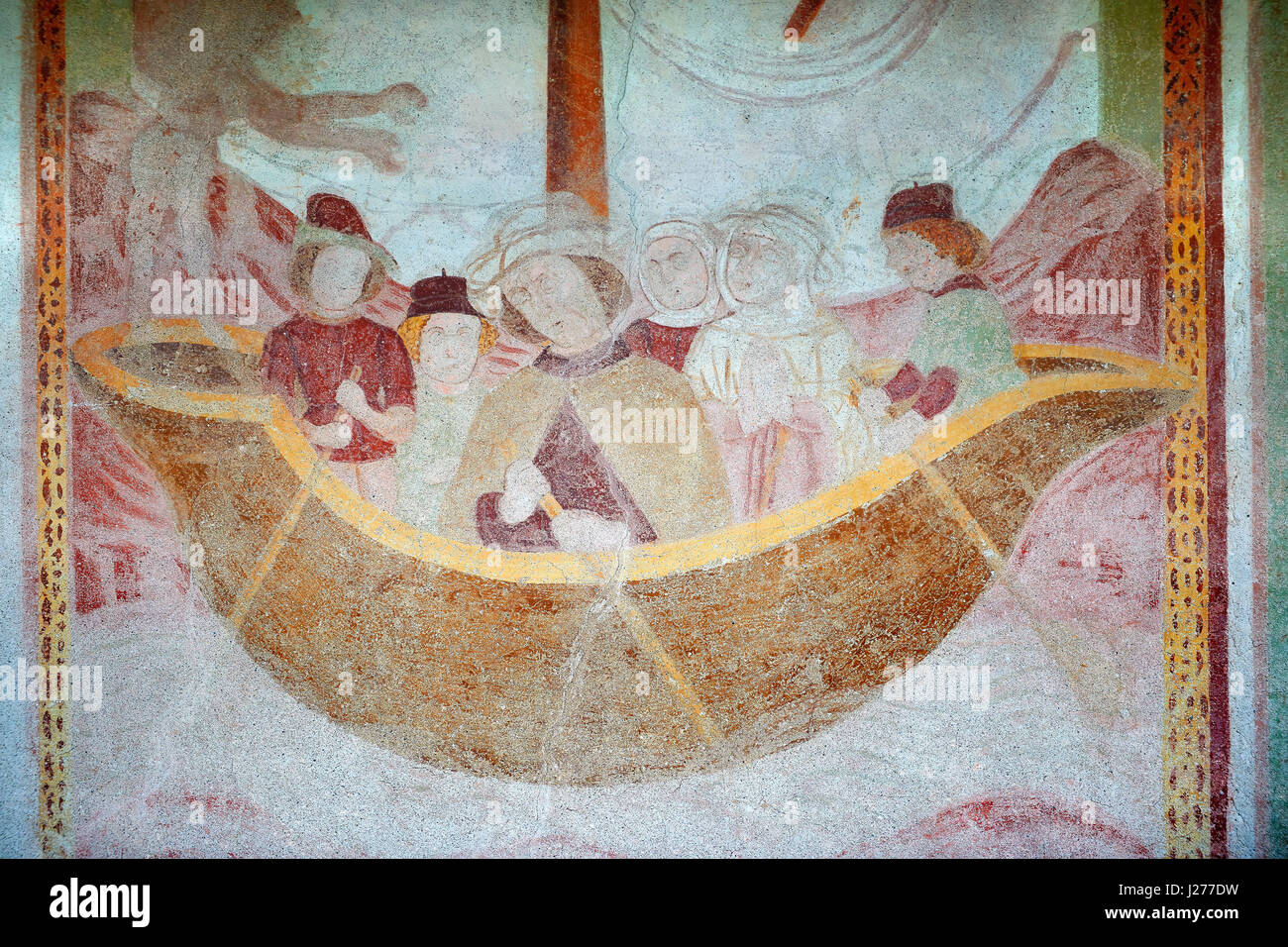 I religiosi pitture murali raffiguranti la vita di San Antonio Abate di Dionisio Baschenis ( circa 1493) sull'esterno della chiesa gotica di San Antonio Abate, Foto Stock