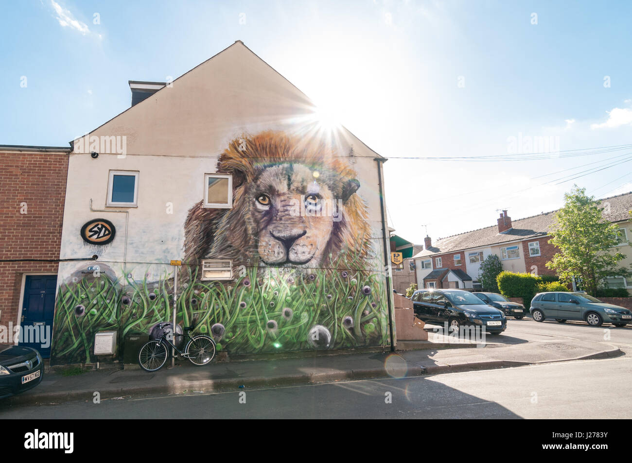 Lion murale sulla parete est in Oxford, Regno Unito Foto Stock