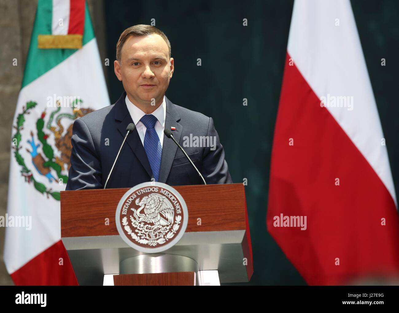 Presidente polacco Andrzej Duda durante una conferenza stampa congiunta con il presidente messicano Enrique Peña Nieto al palazzo nazionale Aprile 24, 2017 a Città del Messico. Foto Stock