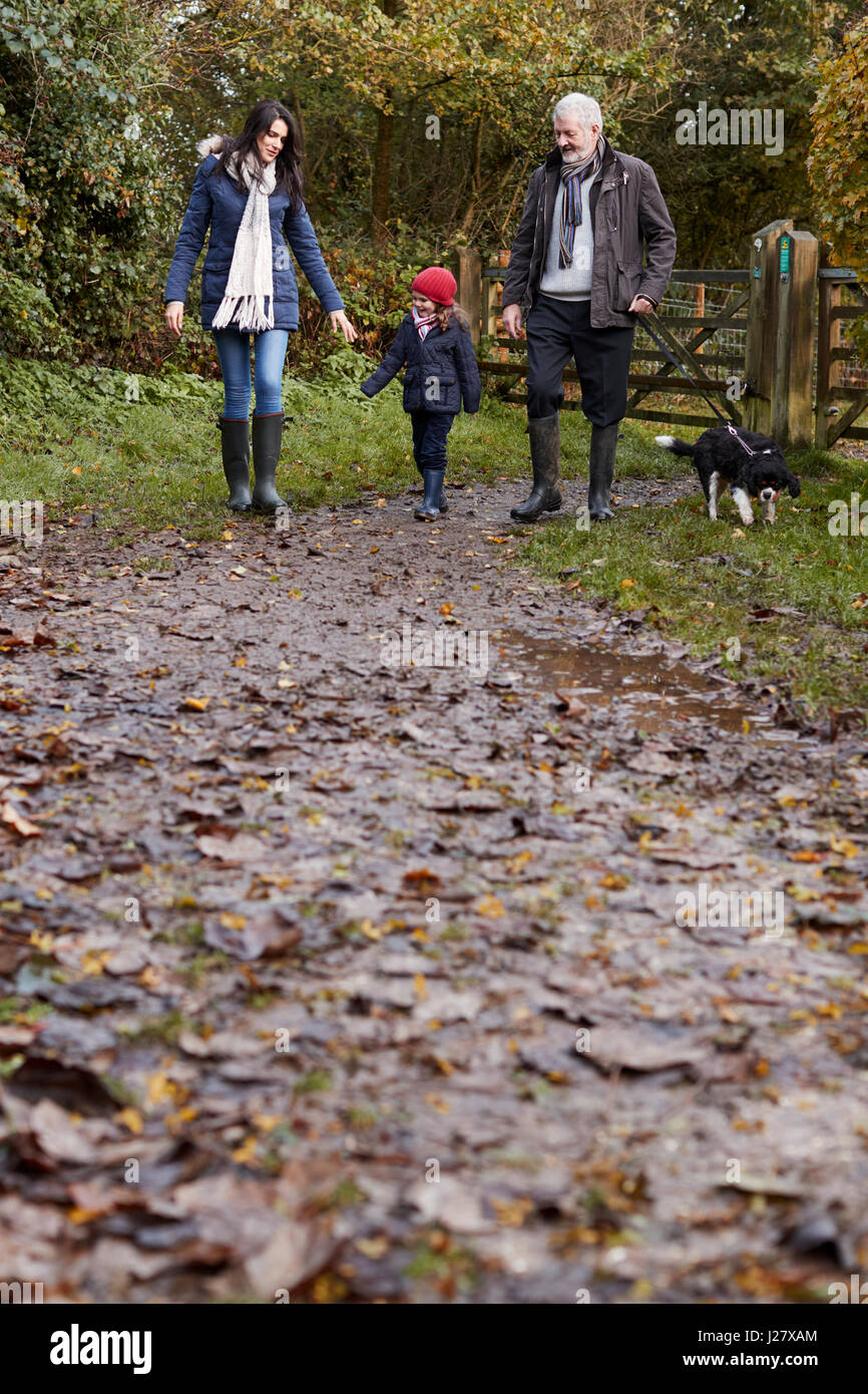Multi generazione Famiglia prendere il cane per la Passeggiata nel paesaggio di caduta Foto Stock