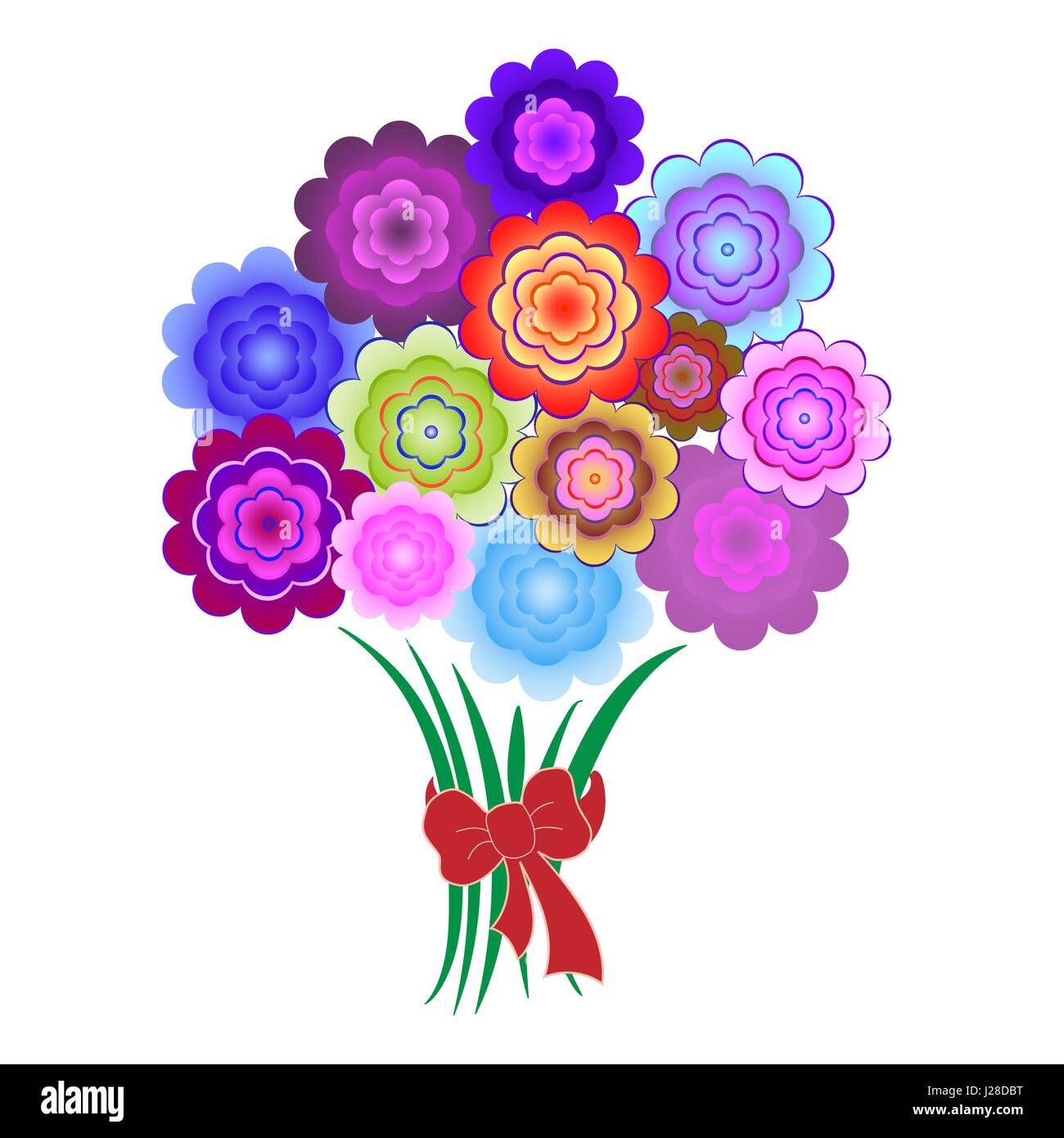 Un mazzo di fiori stilizzati di luminoso fiori colorati e legato con un  fiocco rosso. Illustrazione Vettoriale Immagine e Vettoriale - Alamy