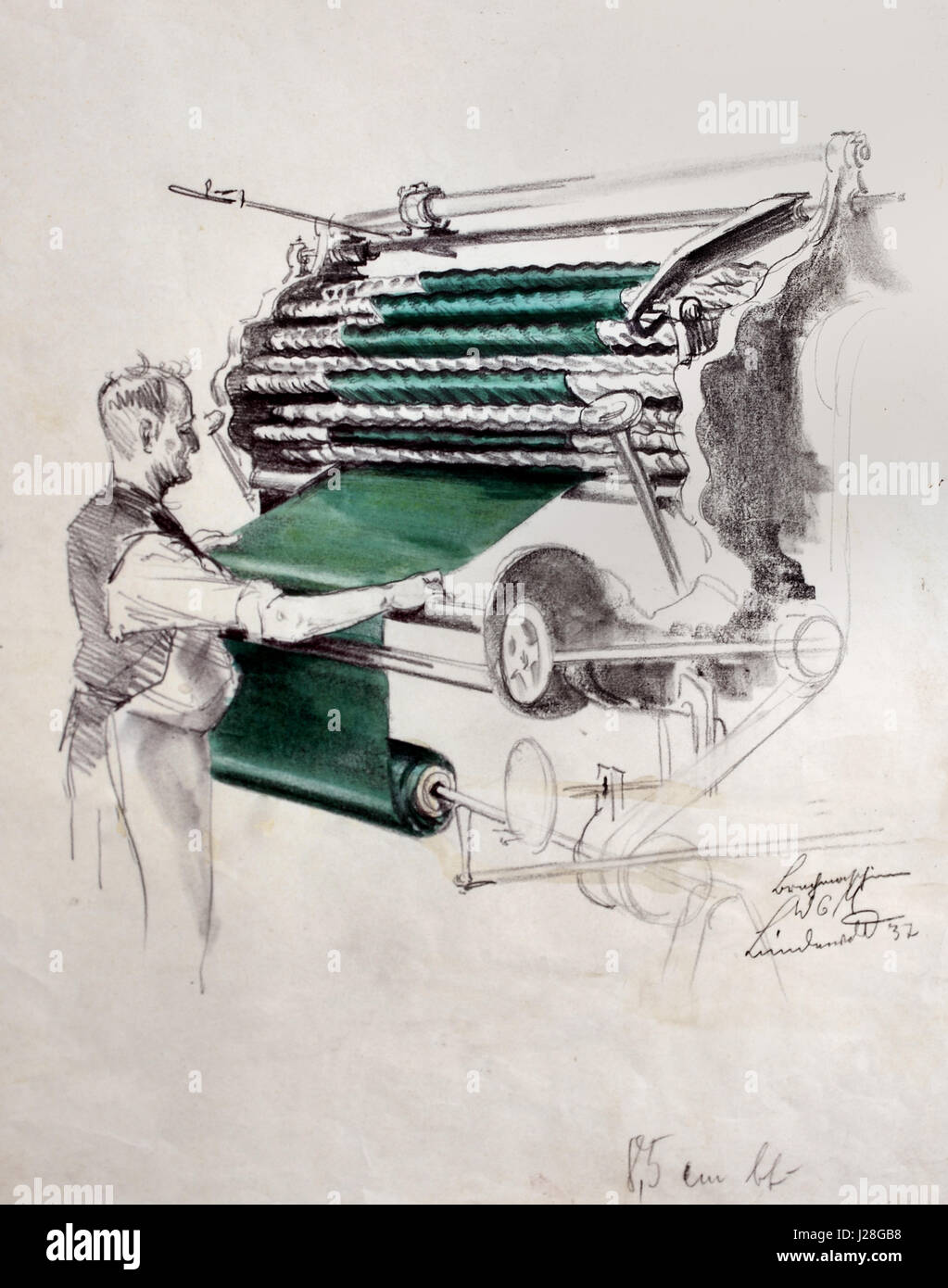 Sulla macchina di frantumazione, il materiale viene ammorbidito WGM 1937 tedesco industria tessile 1920-1950 Germania Foto Stock