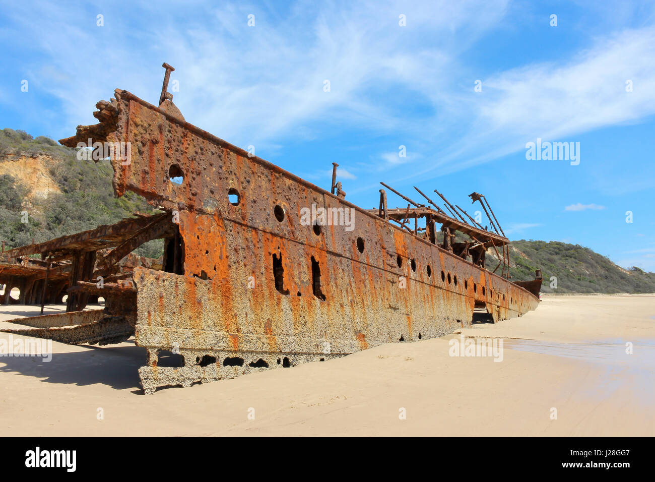 Australia, East Coast, l'Isola di Fraser, la più grande isola di sabbia del mondo, 75 miglia di spiaggia, il relitto della nave Maheno Foto Stock